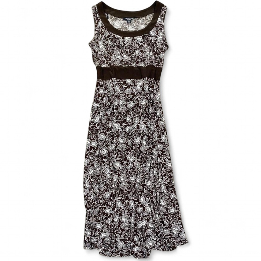 Perceptions Brown and White Floral Scoop-Neck Maxi Dress